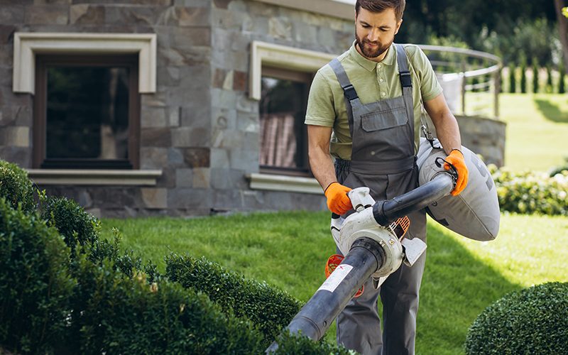 Garden worker vacuuming leaves from the yard and stairs